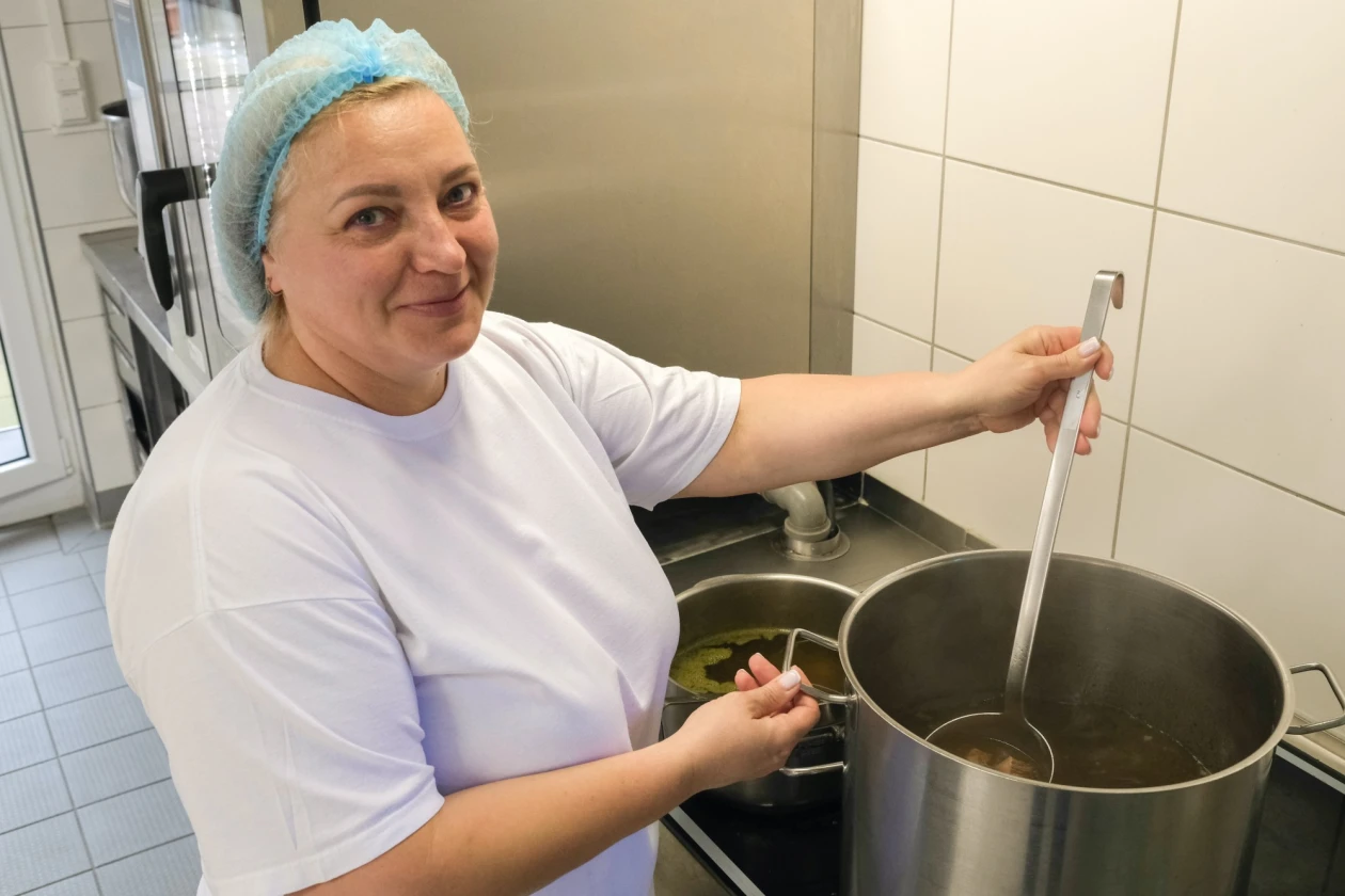 L&auml;chelnde Frau mit blauer Haube und wei&szlig;em T-Shirt r&uuml;hrt in einem gro&szlig;en Topf.