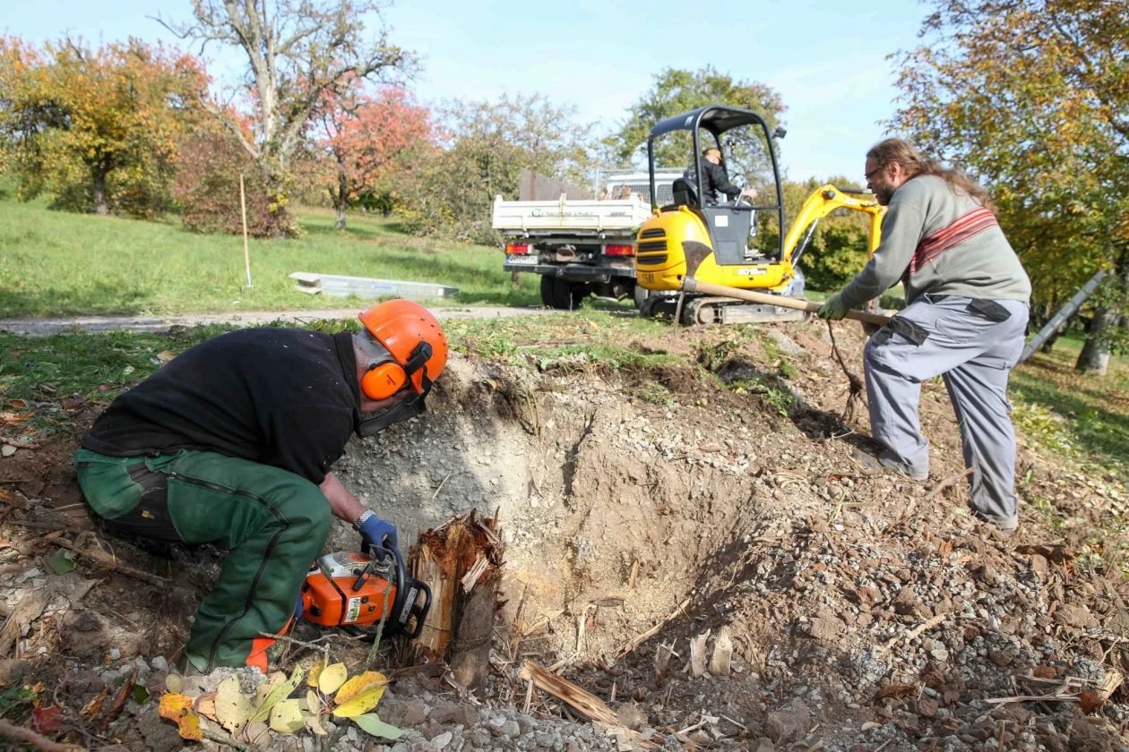 Zwei Arbeiter mit Schutzausr&uuml;stung arbeiten mit einer Motors&auml;ge und einer Spitzhacke auf einem Gel&auml;nde mit B&auml;umen. Ein gelber Minibagger und ein Transporter stehen im Hintergrund.