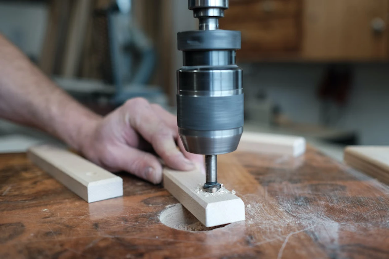 Bohrmaschinenkopf beim Bohren eines Lochs in ein Holzbrett auf einer Werkbank. Eine Hand h&auml;lt das Holzst&uuml;ck fest, w&auml;hrend die Bohrmaschine pr&auml;zise eine &Ouml;ffnung in das Holz bohrt.