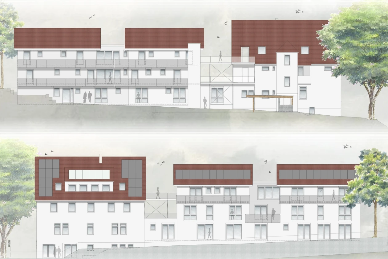 Vorder- und R&uuml;ckansicht eines 3-st&ouml;ckigen Geb&auml;udekomplexes, der modernisiert oder neu gebaut wird visualisiert in Planungsunterlagen. Es besteht aus 3 Geb&auml;uden, die mit Verbindungelementen eine H&auml;userreihe darstellen.