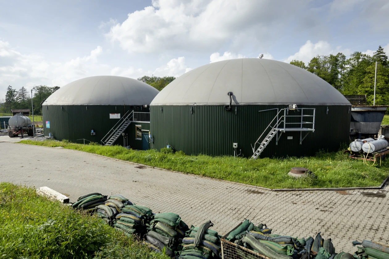 Zwei wei&szlig;e kuppelf&ouml;rmige Biogasanlagen mit gr&uuml;nen Metallw&auml;nden, ausgestattet mit Metalltreppen, stehen auf einem gepflasterten Gel&auml;nde mit Gras und B&auml;umen im Hintergrund.