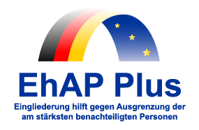 Logo des EhAP Plus zeigt einen Regenbogen in den Farben schwarz-rot-gelb übergehend in blau mit gelben Sternen, das die Eingliederung benachteiligter Personen symbolisiert.